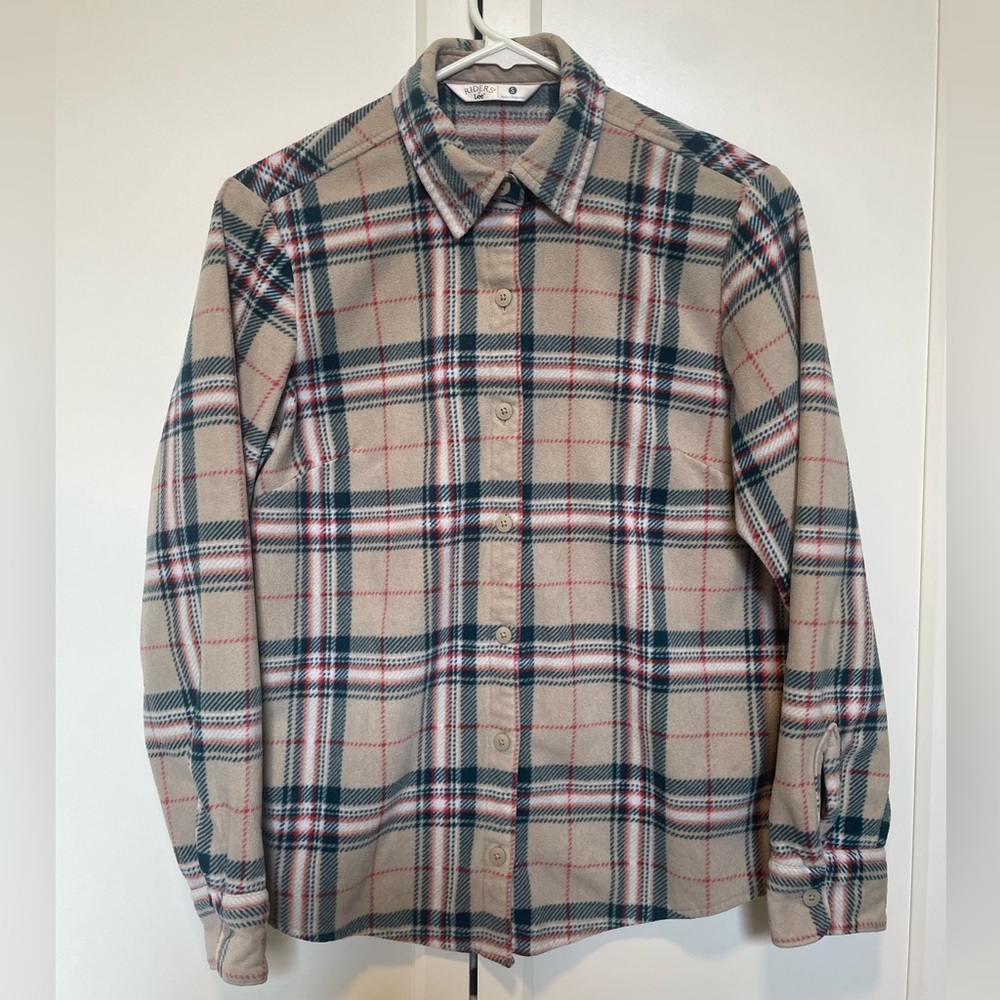 Riders by Lee Women’s Fleece Plaid Button Down Shirt Beige Green Red White Small
